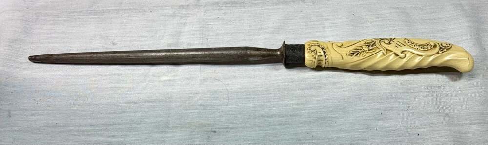 Antique Lee's Knife Sharpening Steel with Ornate Celluloid Handle and Metal Ferr